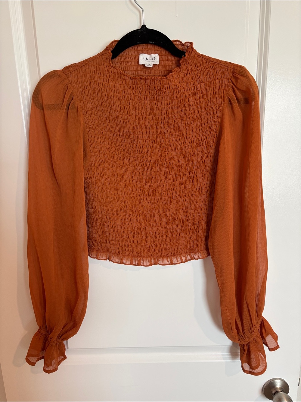 Le Lis Rust Orange Smocked Puff-Sleeve Blouse